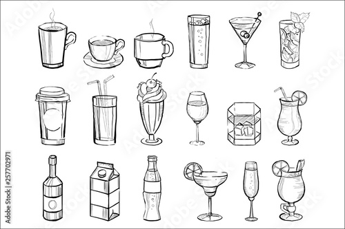Hand drawn drinks and alcoholic cocktails big set doodle vector illustration