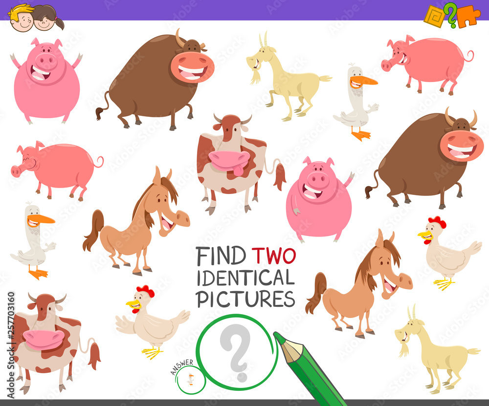 Obraz premium find two identical farm animals game for children