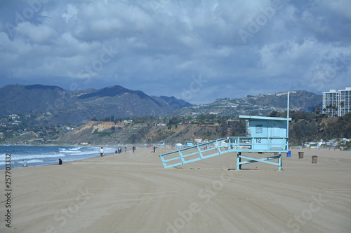 Blue lifeguard tower on the Santa Monica beach.