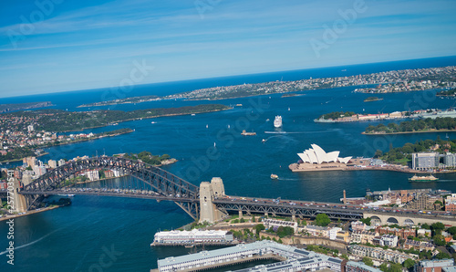 Aerial view of Sydney Harbor Bridge, city symbol, Australia