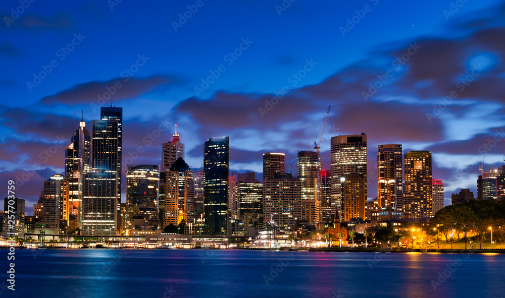 Panoramic view of Sydney skyline at night from Kirribilli