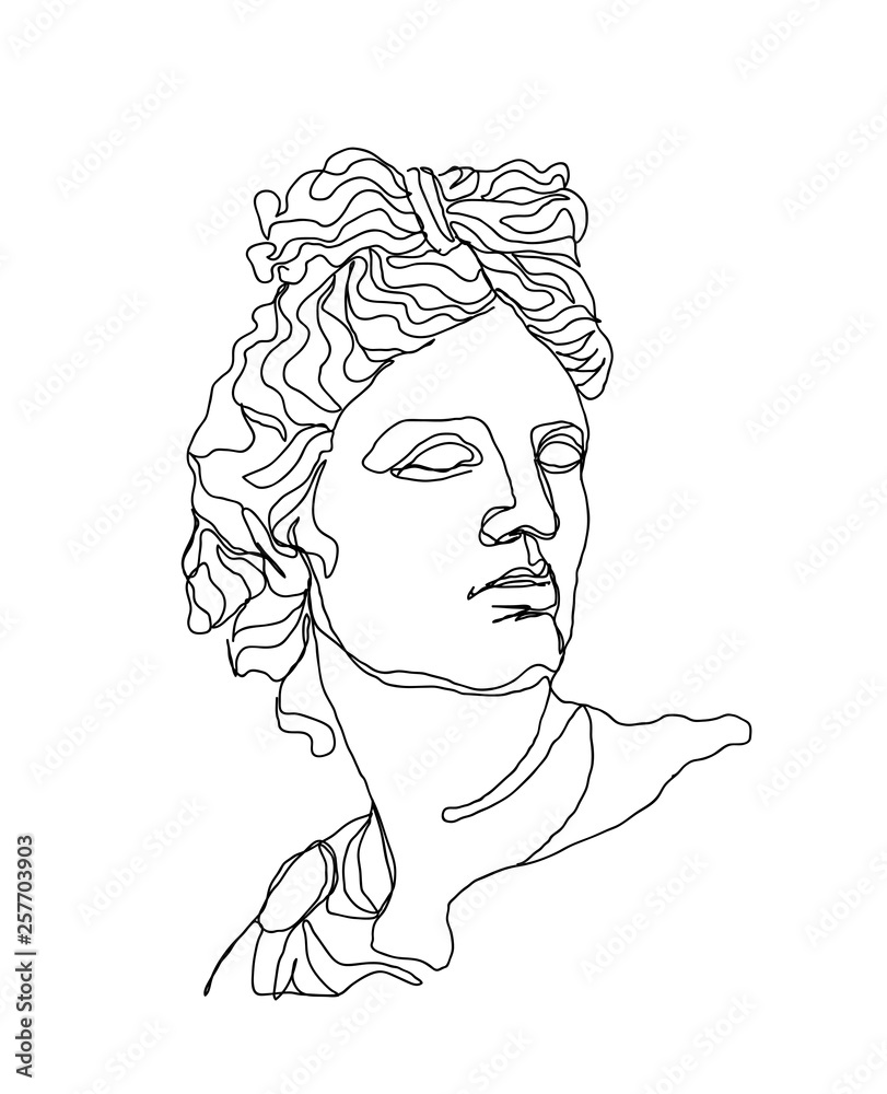 One line drawing skech. Apollo sculpture.Modern single line art, aesthetic contour. Perfect for home decor such as posters, wall art, tote bag, t-shirt print, sticker - obrazy, fototapety, plakaty 