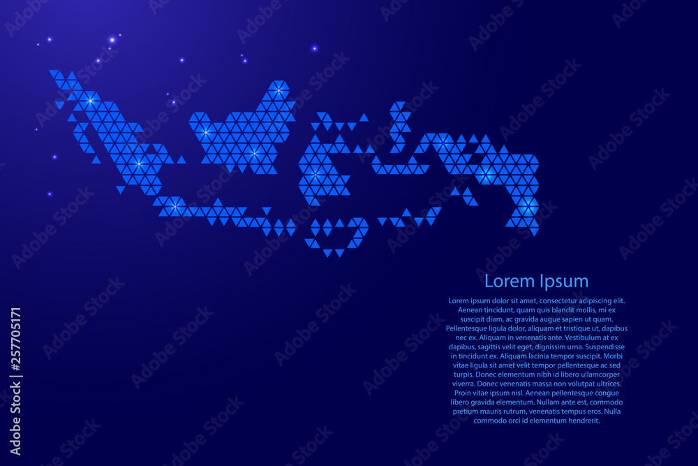 Indonesia map abstract schematic from blue triangles repeating pattern geometric background with nodes and space stars for banner, poster, greeting card. Vector illustration.