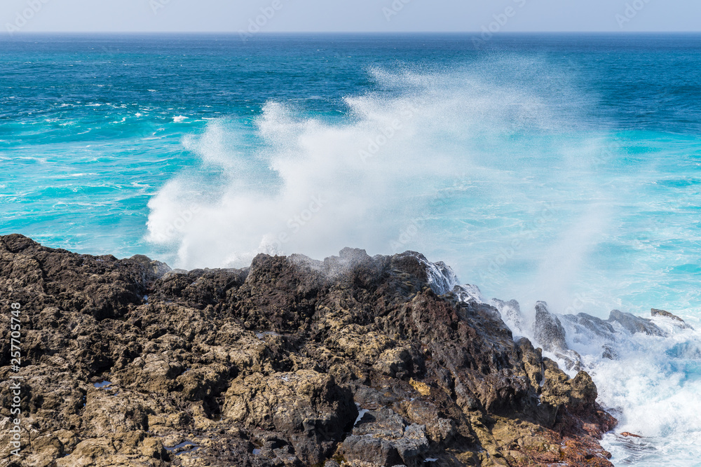 Spain, Lanzarote, Heavy strong currents causing giant waves at rocky coast splashing to spindrift
