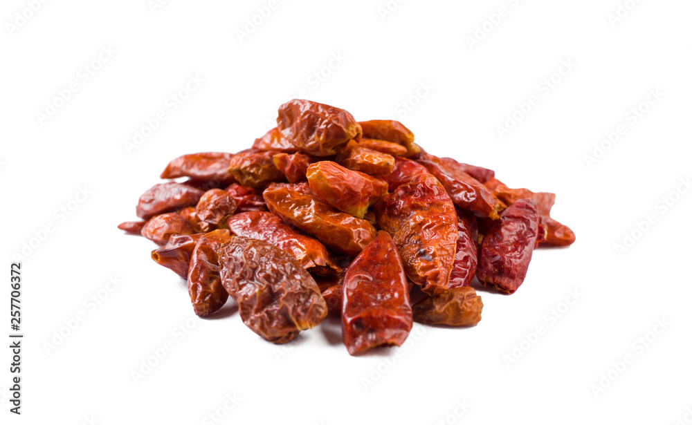 chili peperoncini paprika pepper heap isolated on white background. front view