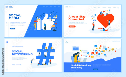 Web page design templates collection of social media, online communication, networking, digital marketing. Flat design vector illustration concepts for website and mobile website development.