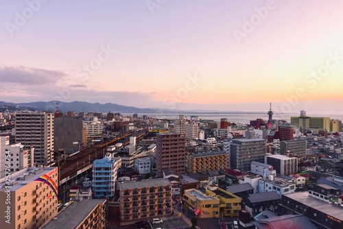 View of Beppu City and Beppu Bay During Sunset