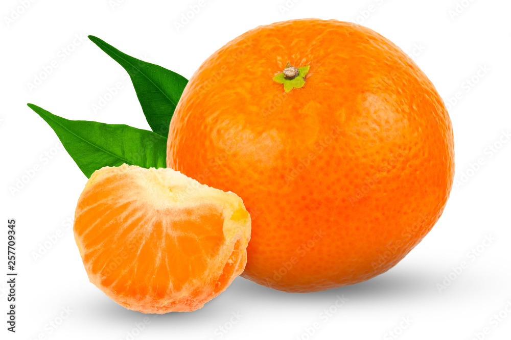 Whole tangerine peel with a slice of tangerine on a white background Whole tangerine peel with a slice of tangerine on a white background