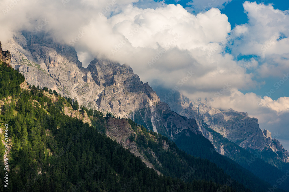 Dolomite mountain landscape in Passo di Rolle, Italy.