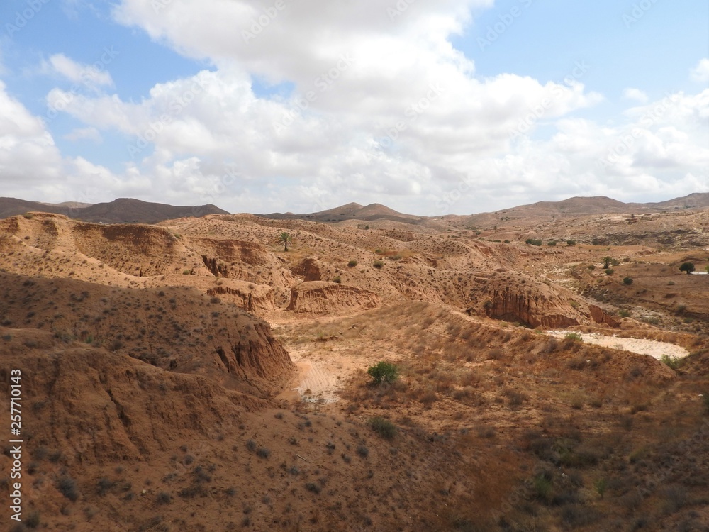 Desert landscape and clear sky near Matmata in southern Tunisia, North Africa.