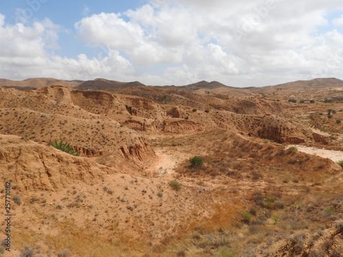 Desert landscape and clear sky near Matmata in southern Tunisia, North Africa.