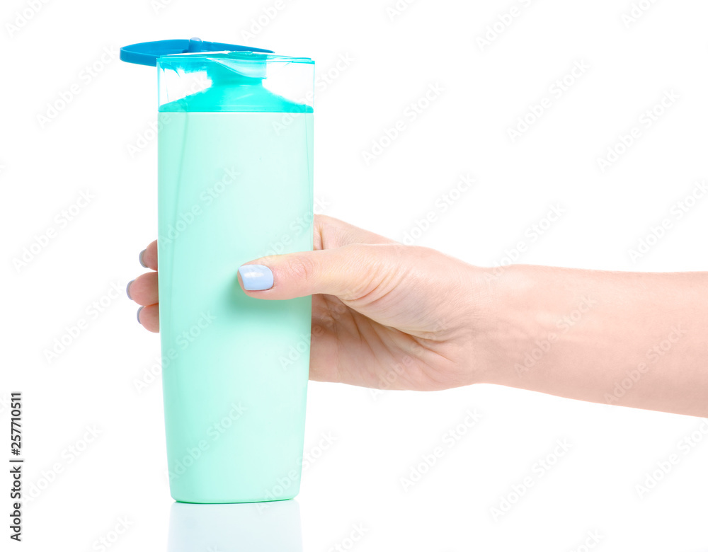 Bottle shampoo in hand beauty on white background isolation Bottle shampoo in hand beauty on white background isolation