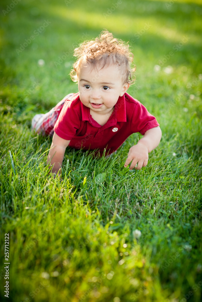 Happy Toddler Boy Crawling in Grass Outside - Color Portrait Happy Toddler Boy Crawling in Grass Outside - Color Portrait