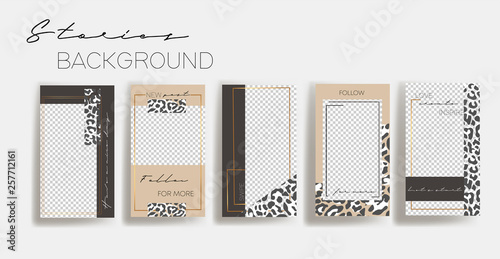 Set of leopard instagram Templates.Vector Layout. Design backgrounds for social media banner.Set of  Instagram stories frame templates. Mockup for social media.