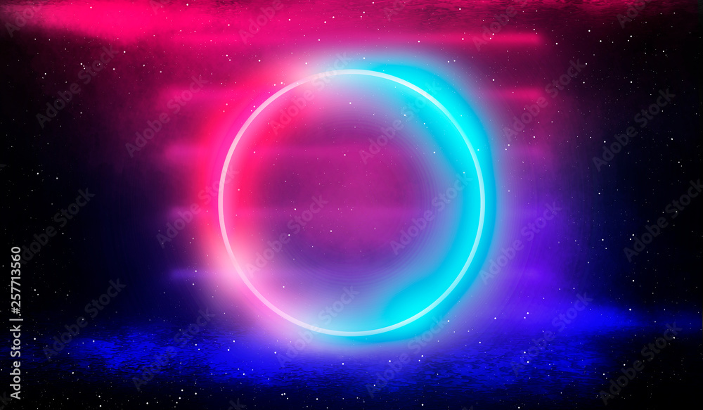 Neon circle, neon lights. Neon circle with the center of a dark empty scene with spotlights. Abstract light. Night view. Neon circle, neon lights. Neon circle with the center of a dark empty scene with spotlights. Abstract light. Night view.