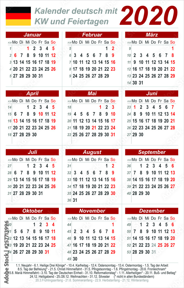 Kalender 2020 - rot - hochkant - deutsch - mit Feiertagen (85 x 54 mm)  Stock Vector | Adobe Stock
