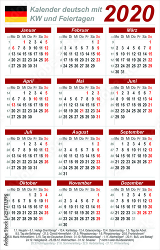 Kalender 2020 - rot - hochkant - deutsch - mit Feiertagen (85 x 54 mm)