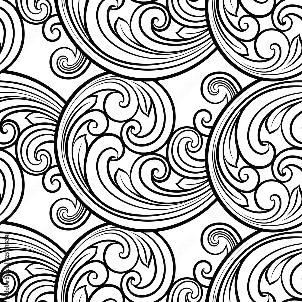 Seamless baroque scrolls line pattern in eastern or arabic style. Exquisite monochrome texture. Black and white graphic background, lace pattern