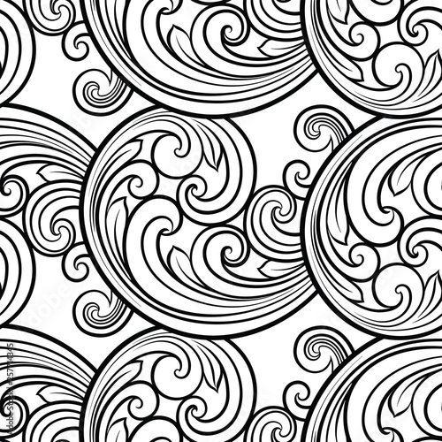 Seamless baroque scrolls line pattern in eastern or arabic style. Exquisite monochrome texture. Black and white graphic background, lace pattern