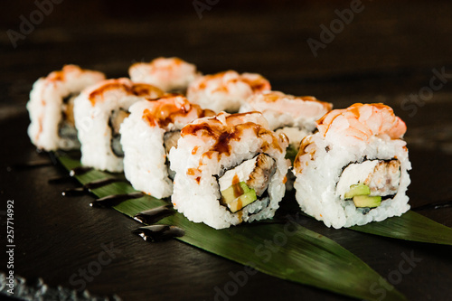 rolls with fresh fish, vegetables and cream cheese