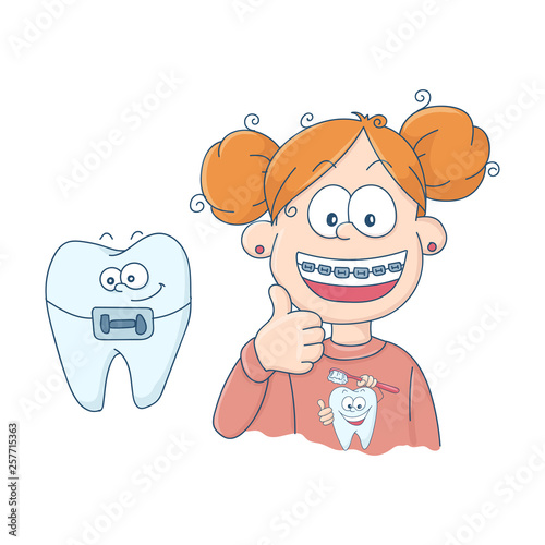 Art on the topic of children's dentistry. Teeth with braces.