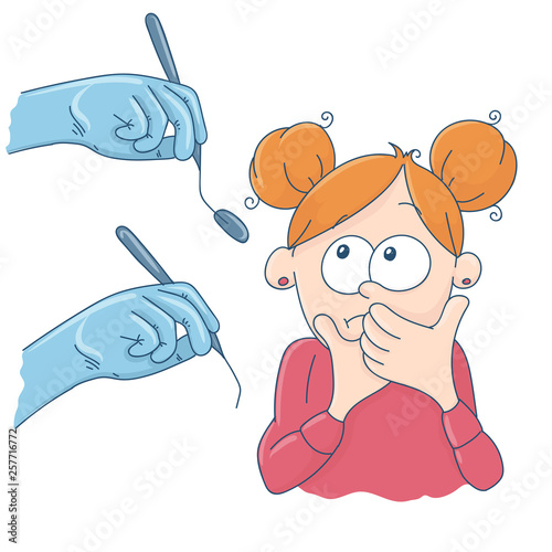 Art on the topic of children's dentistry. The girl at the reception at the dentist.
