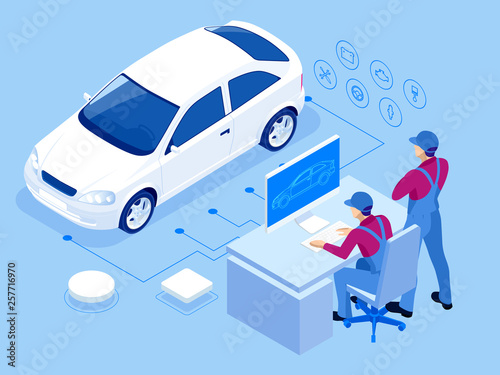 Isometric auto repair service station. Workers in car service tire service and car repair vector illustration