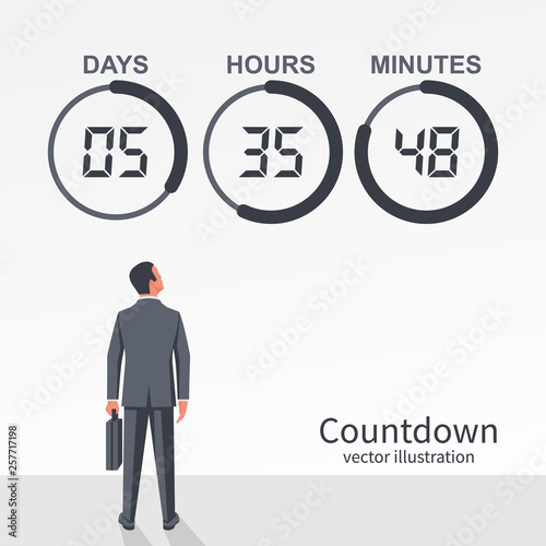 Businessman looks at the countdown clock with pie diagram. Counter timer. Digital scoreboard of day hour minutes upcoming event. Vector flat design. Time remaining count down. Successful people.