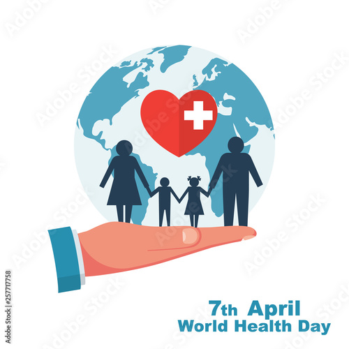 World Health Day 7th April. In hand man, planet and family under medical protection. Globe and heart with cross as symbol of protection. Vector illustration flat design. Isolated on white background