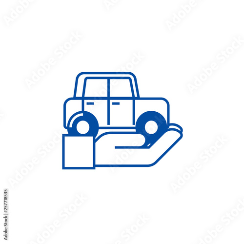 Auto insurance,car in hand line concept icon. Auto insurance,car in hand flat  vector website sign, outline symbol, illustration.