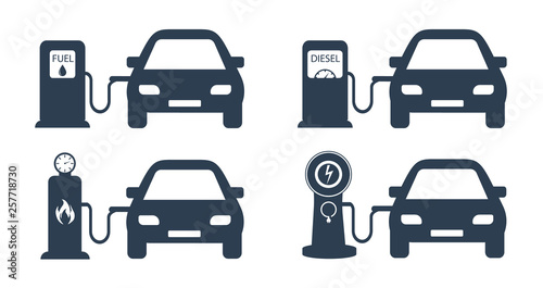 Refueling cars with different fuels. Gasoline, diesel fuel, gas and electric charging for the car. Refueling for cars.