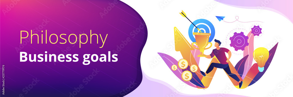 Businessman with trophy running and rising arrow. Business mission, mission statement, business goals and philosophies concept on white background. Header or footer banner template with copy space. Businessman with trophy running and rising arrow. Business mission, mission statement, business goals and philosophies concept on white background. Header or footer banner template with copy space.