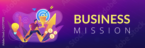Businessman with trophy running and rising arrow. Business mission, mission statement, business goals and philosophies concept on white background. Header or footer banner template with copy space.