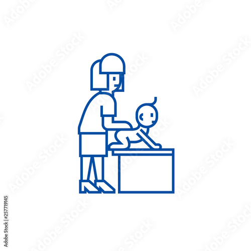Baby massage, mother with baby line concept icon. Baby massage, mother with baby flat  vector website sign, outline symbol, illustration.