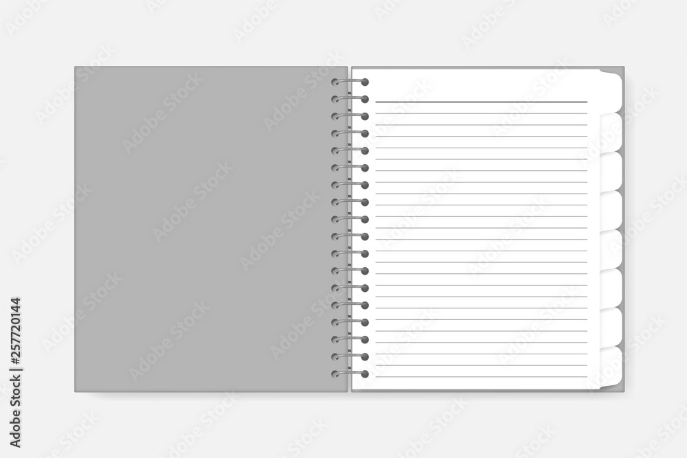 Open lined spiral notebook with index dividers - letter size, vector mock-up. Wire bound diary with cut tab bookmark pages, template Open lined spiral notebook with index dividers - letter size, vector mock-up. Wire bound diary with cut tab bookmark pages, template