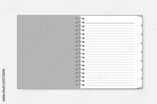 Open lined spiral notebook with index dividers - letter size, vector mock-up. Wire bound diary with cut tab bookmark pages, template