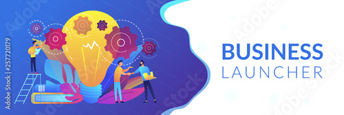Businessmen handshake and big bulb with rotating gears. Business idea, business launcher and development, business plan concept on white background. Header or footer banner template with copy space.