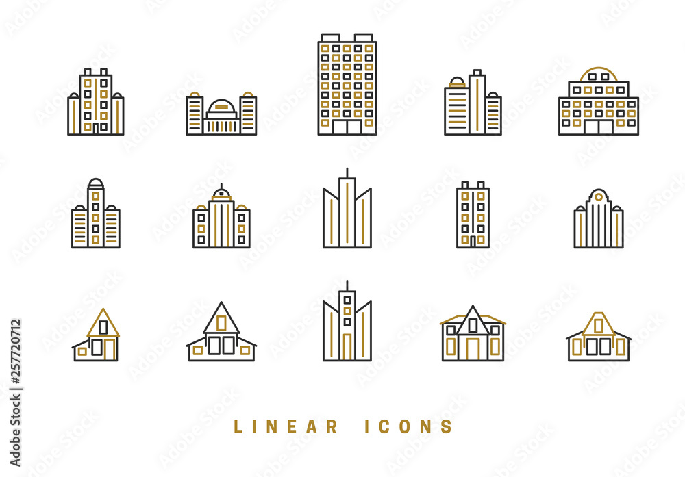 Icons houses, high-rise buildings in linear style. Architectural structure of home skyscrapers icon vector graphic