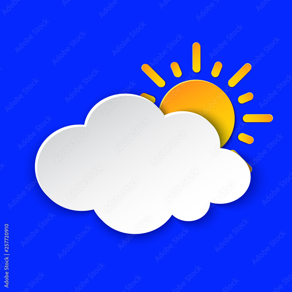 Sunny Day Weather forecast info icon. Yellow Sun symbol paper cut style on blue. Climate weather element. Trendy button for Metcast WF report mark, meteo mobile app, business, web. Sunny Day Weather forecast info icon. Yellow Sun symbol paper cut style on blue. Climate weather element. Trendy button for Metcast WF report mark, meteo mobile app, business, web.