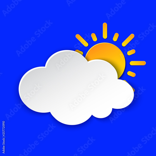 Sunny Day Weather forecast info icon. Yellow Sun symbol paper cut style on blue. Climate weather element. Trendy button for Metcast WF report mark, meteo mobile app, business, web.