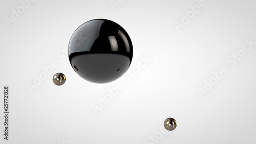 3D illustration of a black, glossy ball surrounded by two small balls isolated on a white background. Abstract representation of geometric shapes. 3D rendering