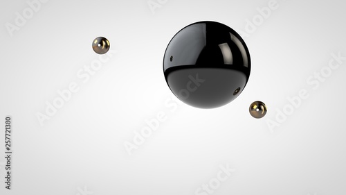 3D illustration of a black, glossy ball surrounded by two small balls isolated on a white background. Abstract representation of geometric shapes. 3D rendering