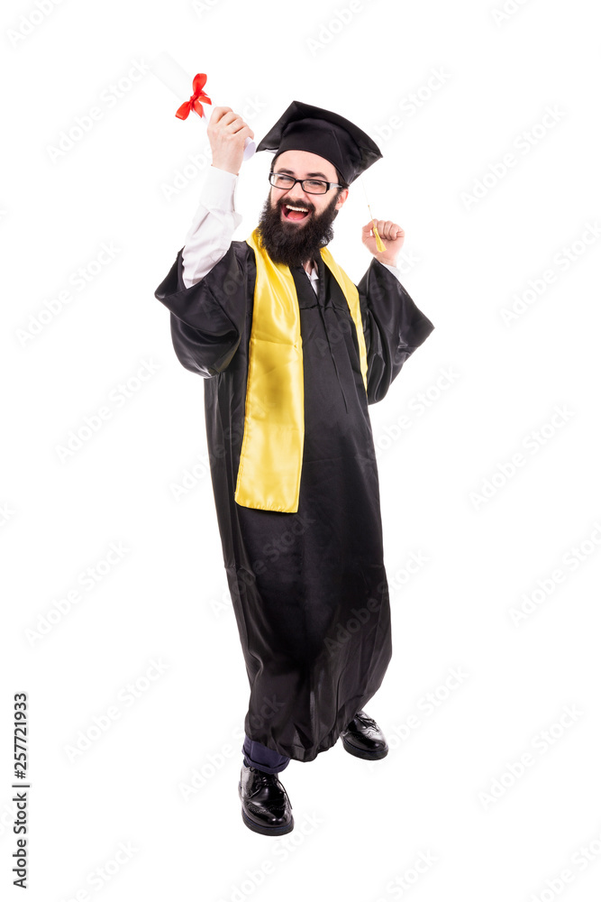 graduate with a diploma in hand, rejoices at successful completion of studies, isolated on white background graduate with a diploma in hand, rejoices at successful completion of studies, isolated on white background