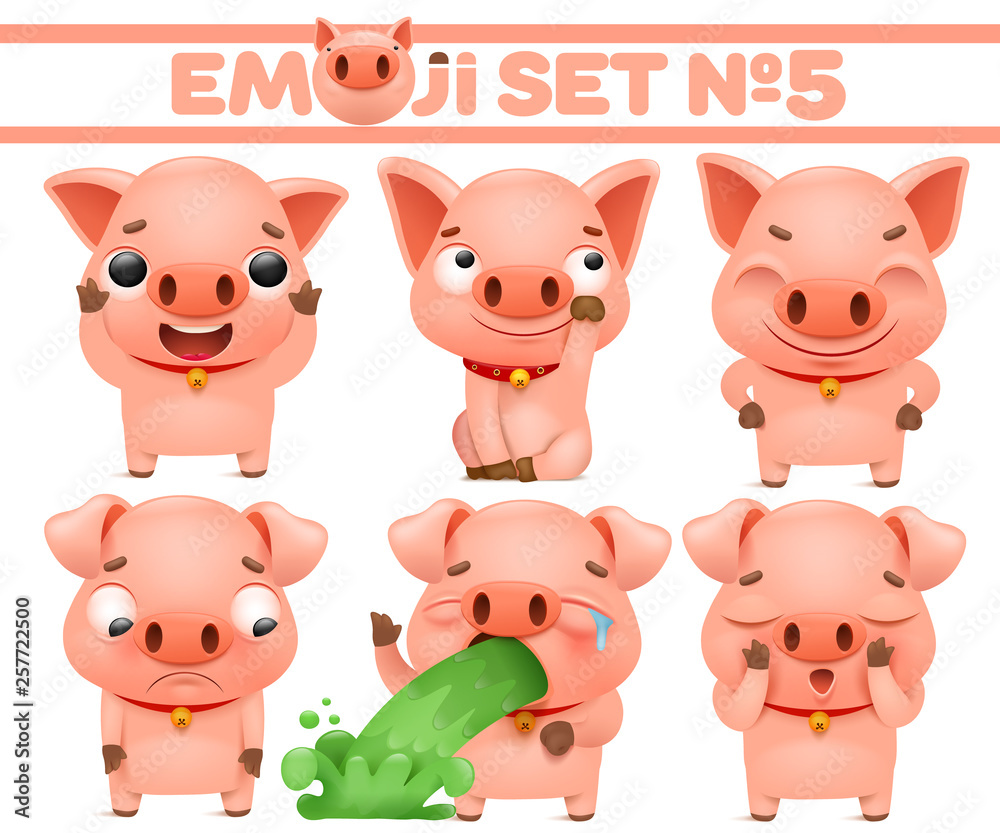 Set of cute pig cartoon emoticon characters in various emotions. Stock  Vector | Adobe Stock