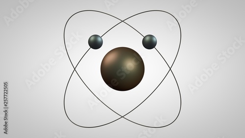 3D illustration of an atom model with a nucleus and two electrons. Metal model of the structure of the Rutherford atom. Idea, symbol of atomic energy. 3D rendering on white background isolated.