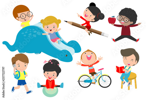 Set of diverse kids. Happy child character cartoon collection. activity in the kindergarten, reading books, playing, sport,education isolated on white background vector Illustration 