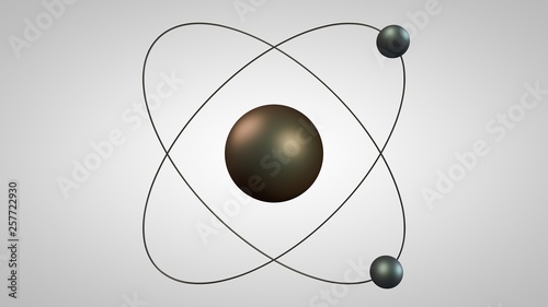 3D illustration of an atom model with a nucleus and two electrons. Metal model of the structure of the Rutherford atom. Idea, symbol of atomic energy. 3D rendering on white background isolated.