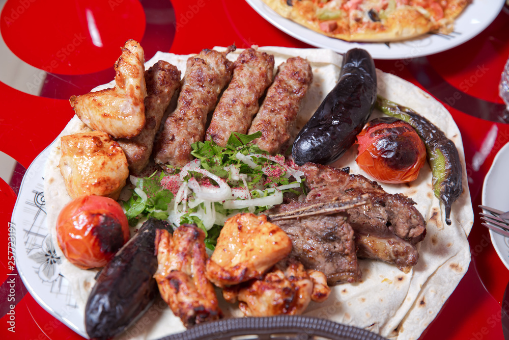 Lullaby in Sheet, Strawberry, Chicken Kebab, Eggplant, Tomato Kebab, Pepper Kebab. Chopped onion. Sumax