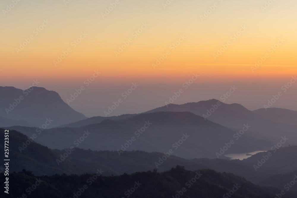 Landscape nature beautiful sunrise on top of thailand  mountain