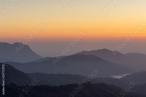 Landscape nature beautiful sunrise on top of thailand mountain